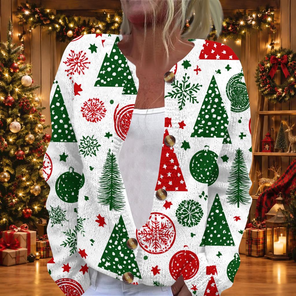 Women's Christmas Print Long Sleeve Knit Cardigan Button Front Sweater