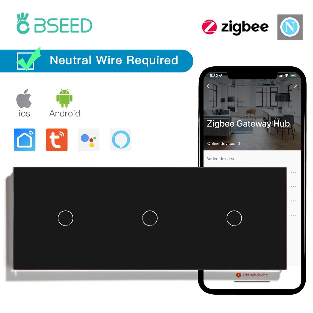 BSEED 1/2/3Gang Zigbee Wall Touch Switches Plus EU Sockets Double Triple Light Switches Tuya Smart Life App Neutral Required