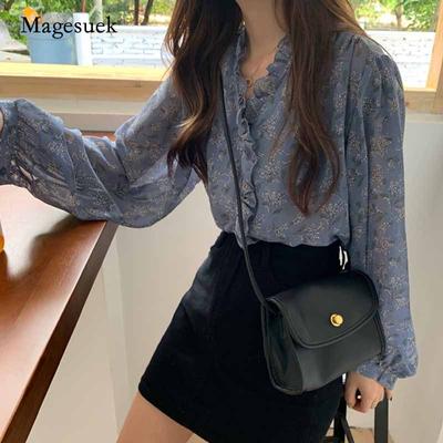 Herbst Süße Dünne Chiffon Bluse Frauen Puff Hülse Korea Frauen Tops Und Blusen Strickjacke Druck Floral Frauen Shirts 10314