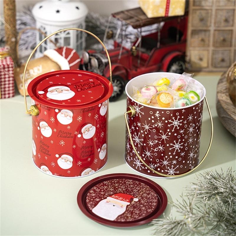 Pack Of 2 Christmas Treat Boxes with Handle Handheld Round Bucket Tinplate Sweets Cookie Container for Party Use