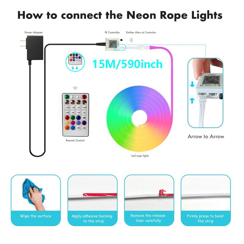 

45M/150FT RGB Neon Led strip Lights 12-24V Silicone Neon Rope Light with Music Sync RGBIC Dreamcolor Chasing Strip Tape for Room