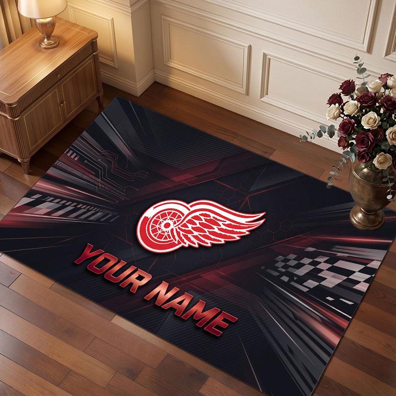 Detroit Red Wings Personalized Crystal Velvet Carpet, Customized Name Text Soft Anti‑Slip Rug for Living Room Bedroom