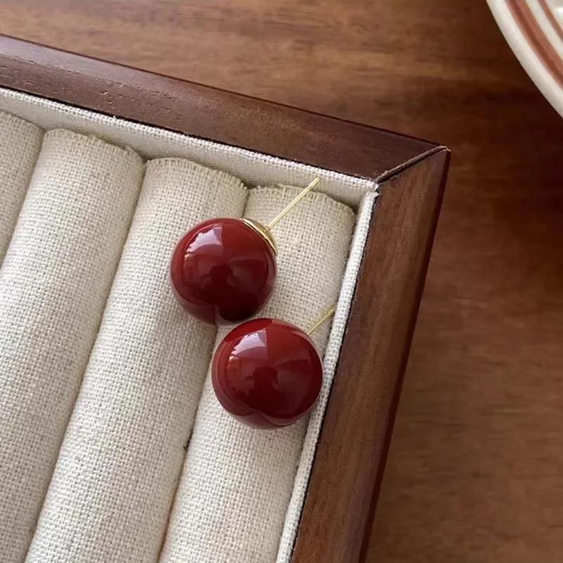 Korean Red Pearl Stud Round Earrings for Women Vintage Sweet Imitation Pearl Temperament Earings Wedding Party Jewelry Gifts