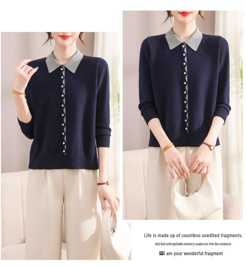 Women's Autumn/Winter Wool Knit Turn-Down Collar Long Sleeve Top