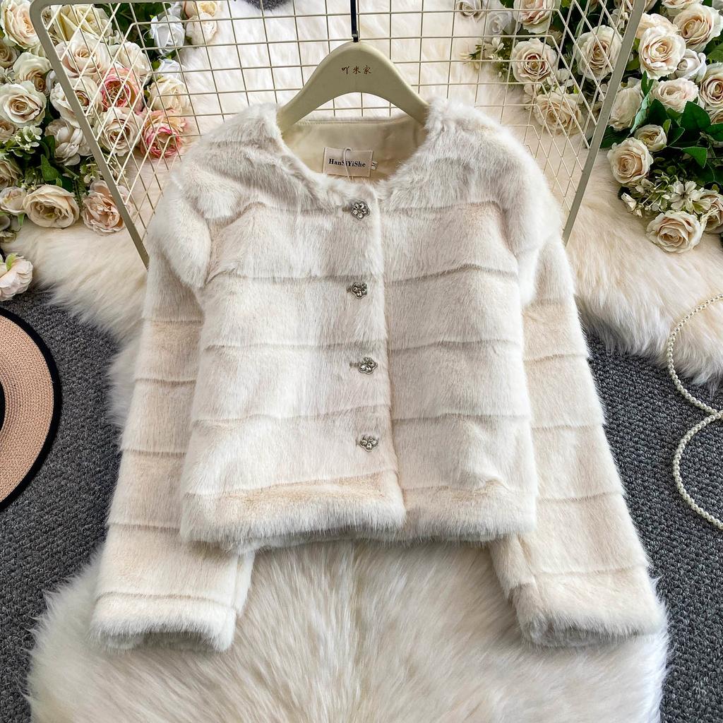 Autumn Winter Women Luxury Soft Mink Faux Fur Warm Short Jacket Diamond Button Single Breasted Christmas Outerwear Coat