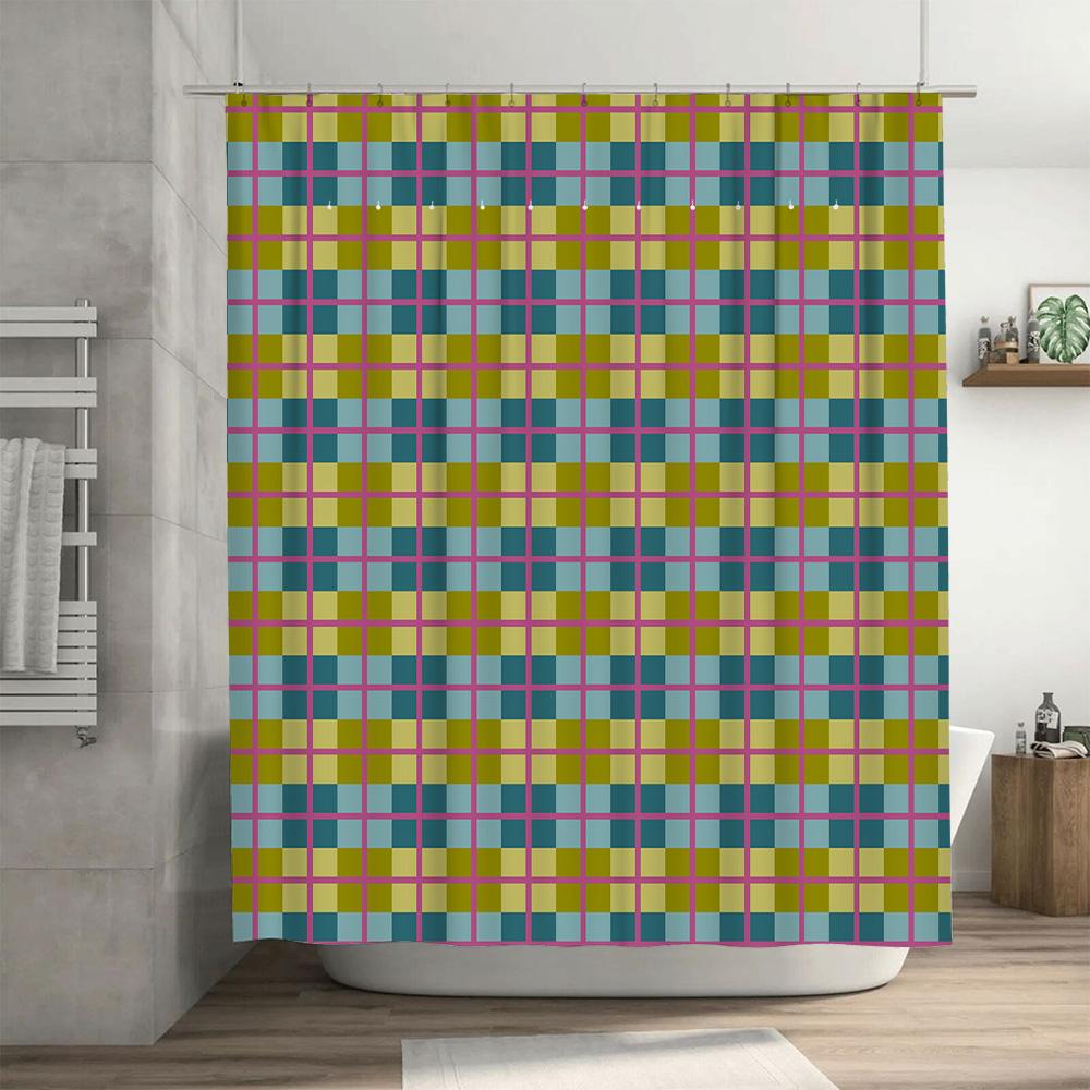Modern Plaid Shower Curtain Waterproof Bathroom Decor With Bright Colors For Home Decoration