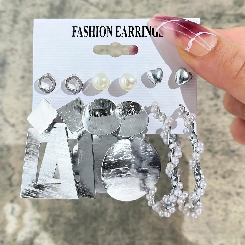European and American style metal earrings square geometric earrings retro imitation pearl earrings Hepburn style earrings set