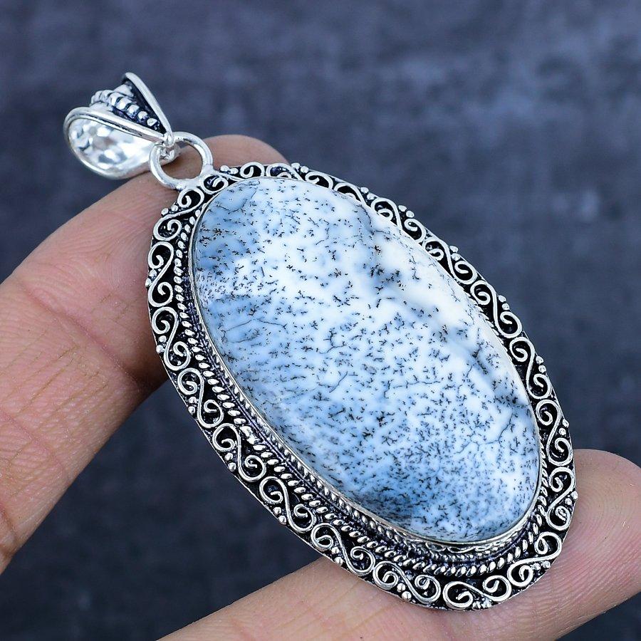 Natural Dendrite Opal Gemstone 925 Sterling Silver Jewelry Pendant 2.88" D3K29