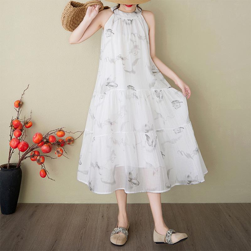 

2025 Summer Double Layer Cotton Linen A-Line Print Dress for Women L