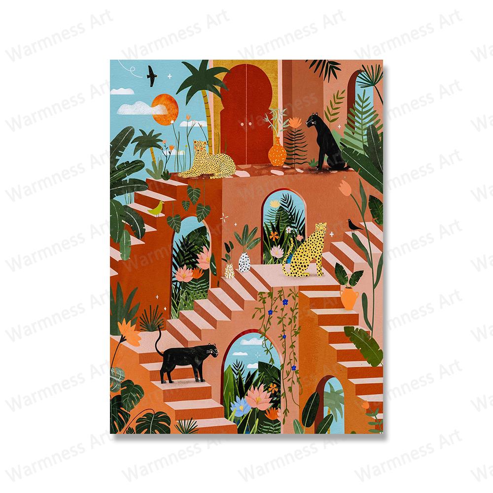 Tropical Jungle Plant Tiger Leopard Camel Wall Art Canvas Painting Girl Palm Grove of Marrakesh Poster Print Pictures Home Decor