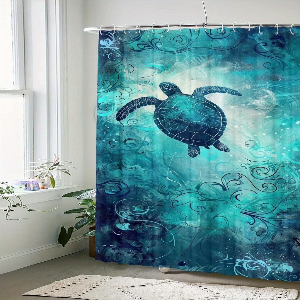 Waterproof Non-Woven Shower Curtain with Sea Turtle Pattern, Artistic Ocean Theme Bathroom Decor, with Hooks, Machine Washable