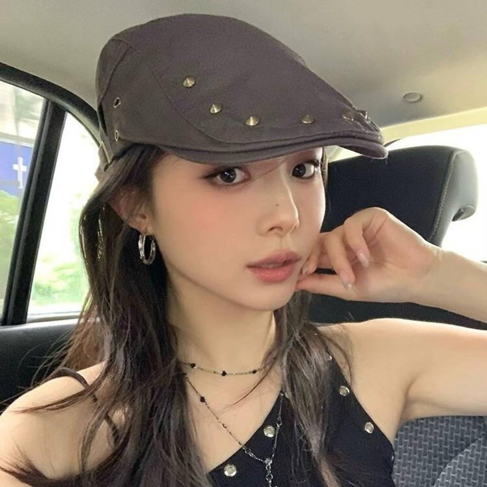 Lightweight Rivet Beret Hat Y2K Newsboy Hat Fashion Hip Hop Cap for Women