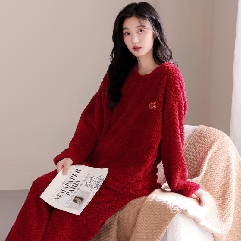 Couple Flannel Red Wedding Pajamas Winter Women's Festive Wedding Autumn and Winter Coral Fleece Loungewear Suit Men