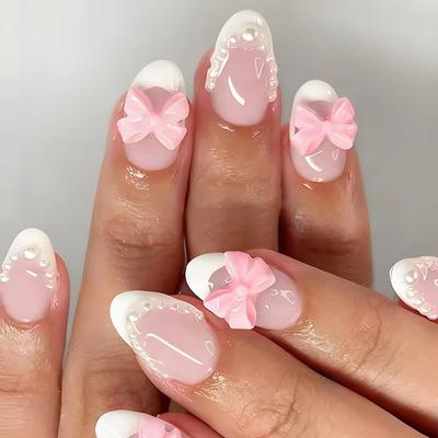 24PCS Simple White French with Pearl False Nails 3D Pink Bowknot Glossy Almond Press On Nail Full Cover Wearable Sweet Fake Nail