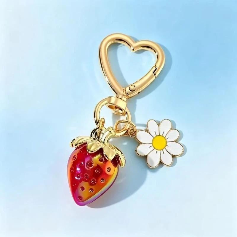 Cute Strawberry Heart Flower Keychain Bag Charms For Girls Purse Gifts Decor Accessories