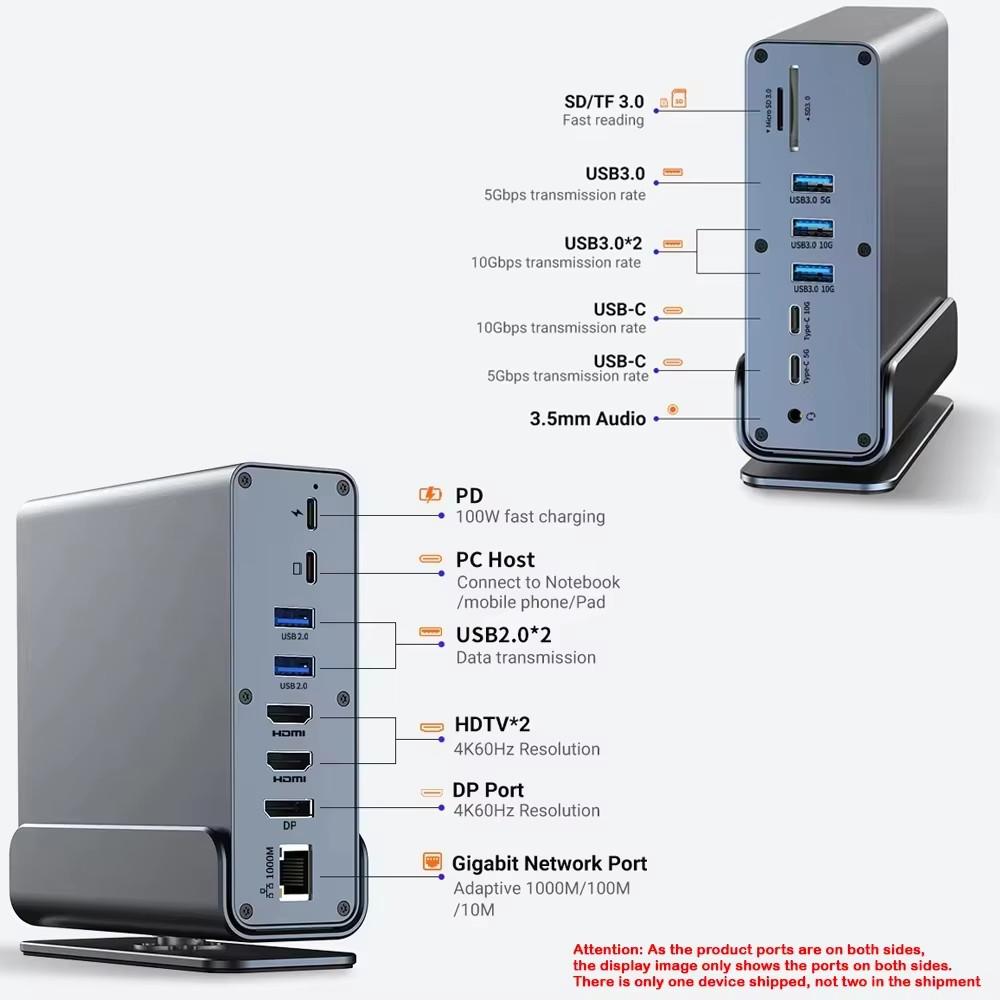 

15-в-1 Док-станция-хаб Type-C 4K@60Hz HDMI DisplayPort USB A RJ45 SD TF Аудио 3.5мм Порт Адаптер для Macbook Pro Ноутбука ПК серый