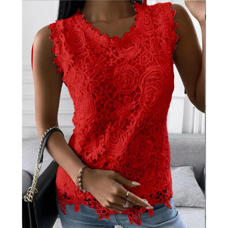 QICED Women's Fashion Casual Solid Color Print Sleeveless O-Neck  Blouses & Shirts