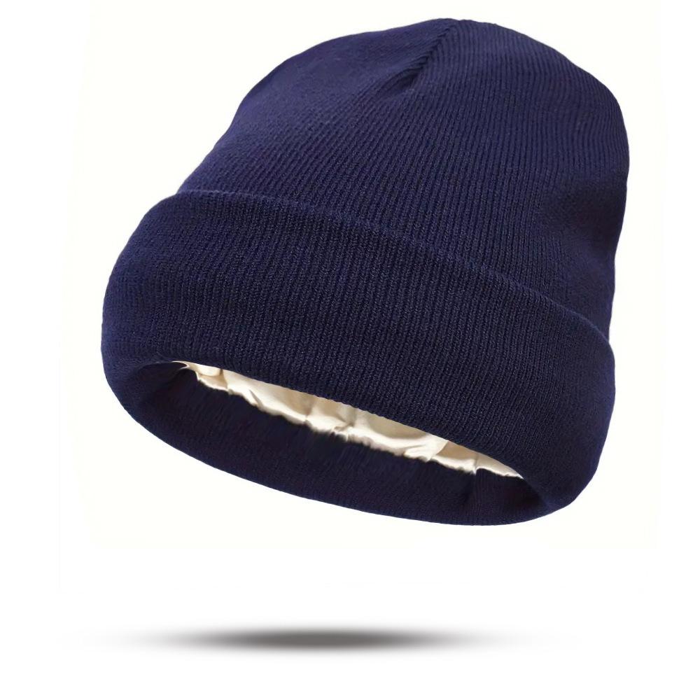 European & American Satin Brocade Winter Hat: Women's Warm Knitted Hair Protection, Acrylic Wool Blend.