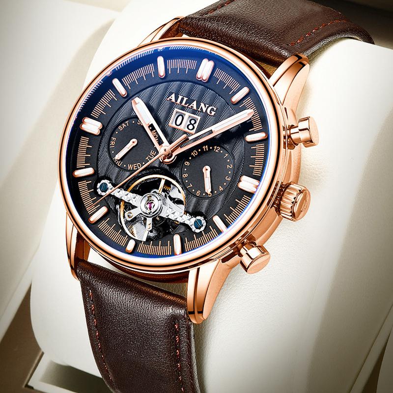 AILANG Brand Leather Tourbillon Man Watches Luxury Automatic Mechanical Sport Waterproof Watches Men's Luminous Calendar Reloj