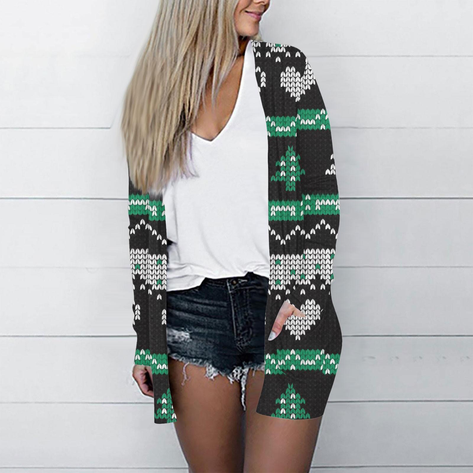 

Рождественская женская модная повседневная куртка-кардиган средней длины с длинным рукавом и принтом XL зелёный