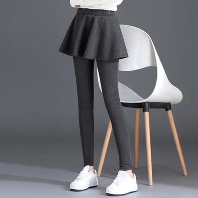 Women Winter Culottes Pants Solid Color High Waist Pleated Skirt Pants Fake Two Piece Leggings-Skirt Combo