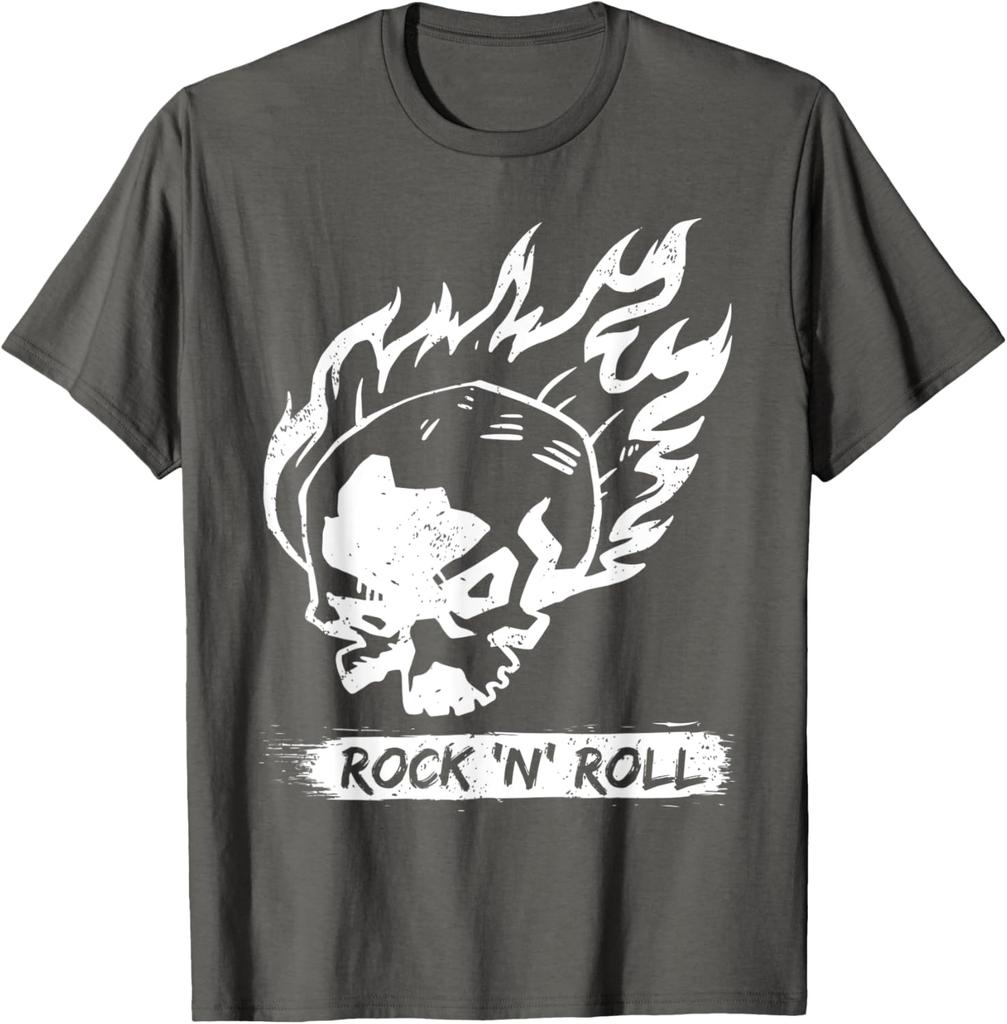 Flaming Skull Rock N Roll Graphic Tee Casual Cotton Short Sleeve TShirt