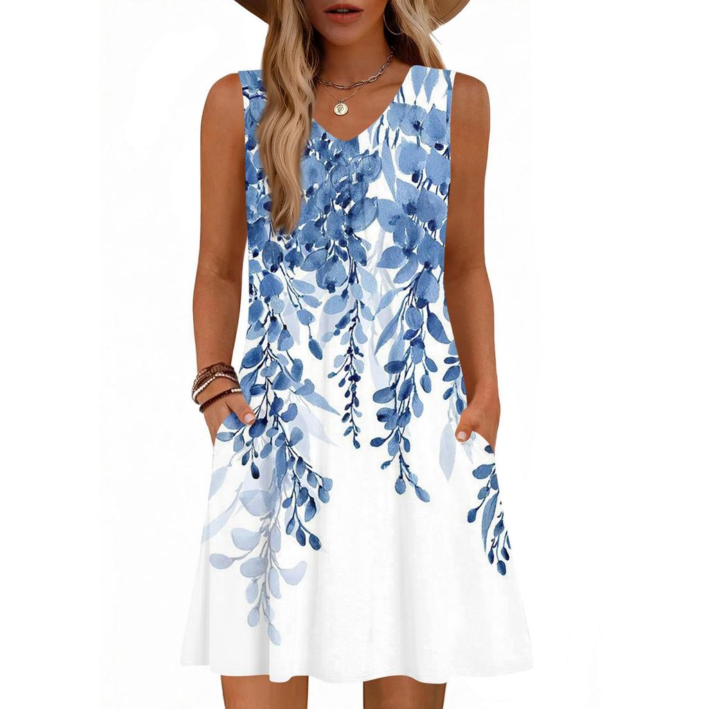 Women's Fashion Printed Summer Sleeveless V-neck Tank Top Pocket Casual Loose Dress