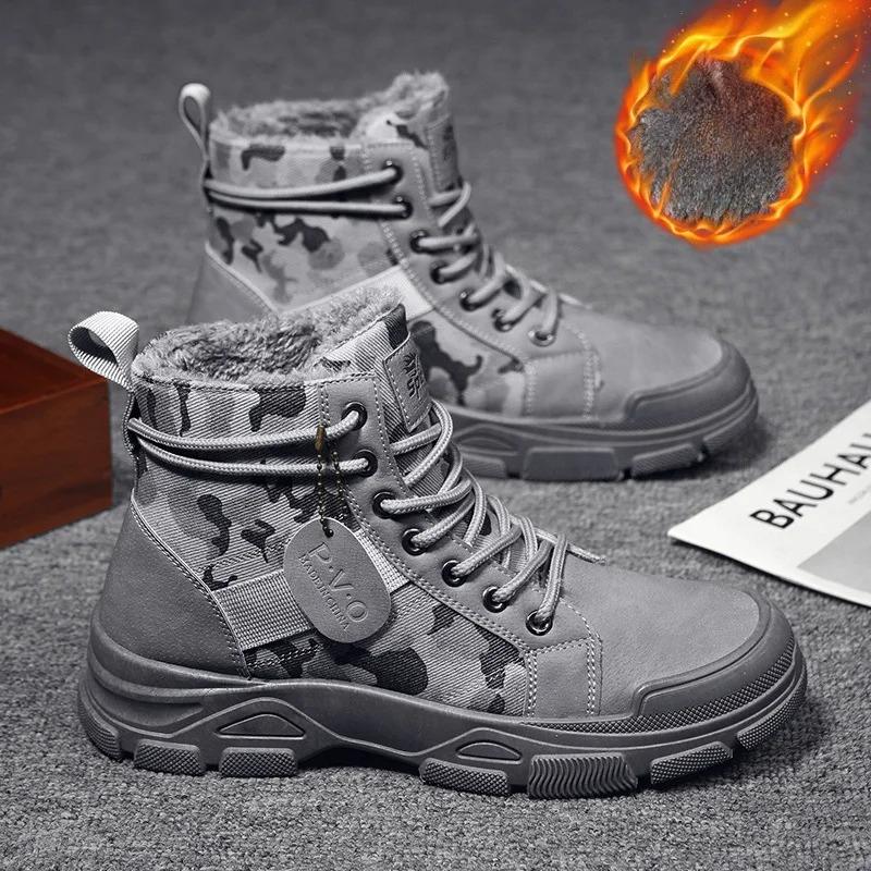 Men's Cotton Boots Autumn Winter Trend Designer Anti-Slip Ankle Boots Outdoor Thick Sole Casual Lace Up Round Toe Comfort Shoes