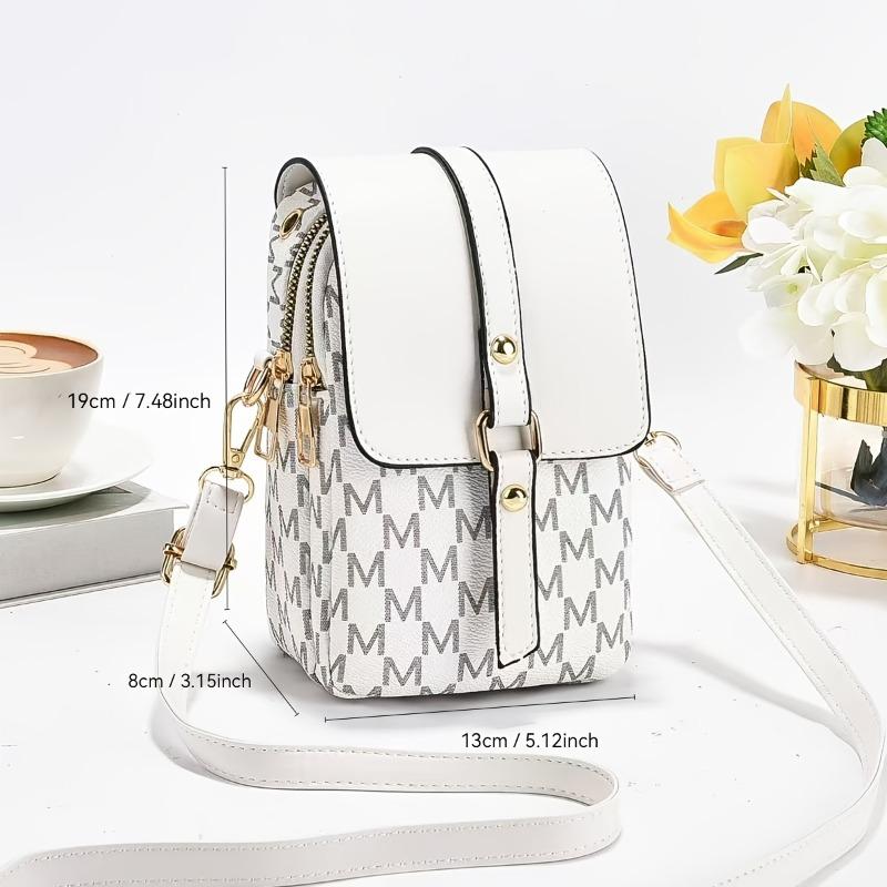 Fashion Monogram M Pattern Mini Crossbody Bag, Gold Hardware Flap Purse with Adjustable Strap, Chic Compact Bucket Bag for Women