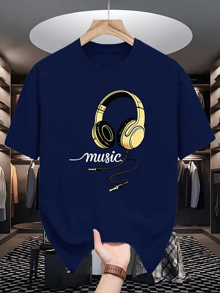 Vintage Golden Headphone Music Letter Print Unisexs Crew Neck T Shirt Music Enthusiast Graphic Short Sleeve Casual Cotton Tees