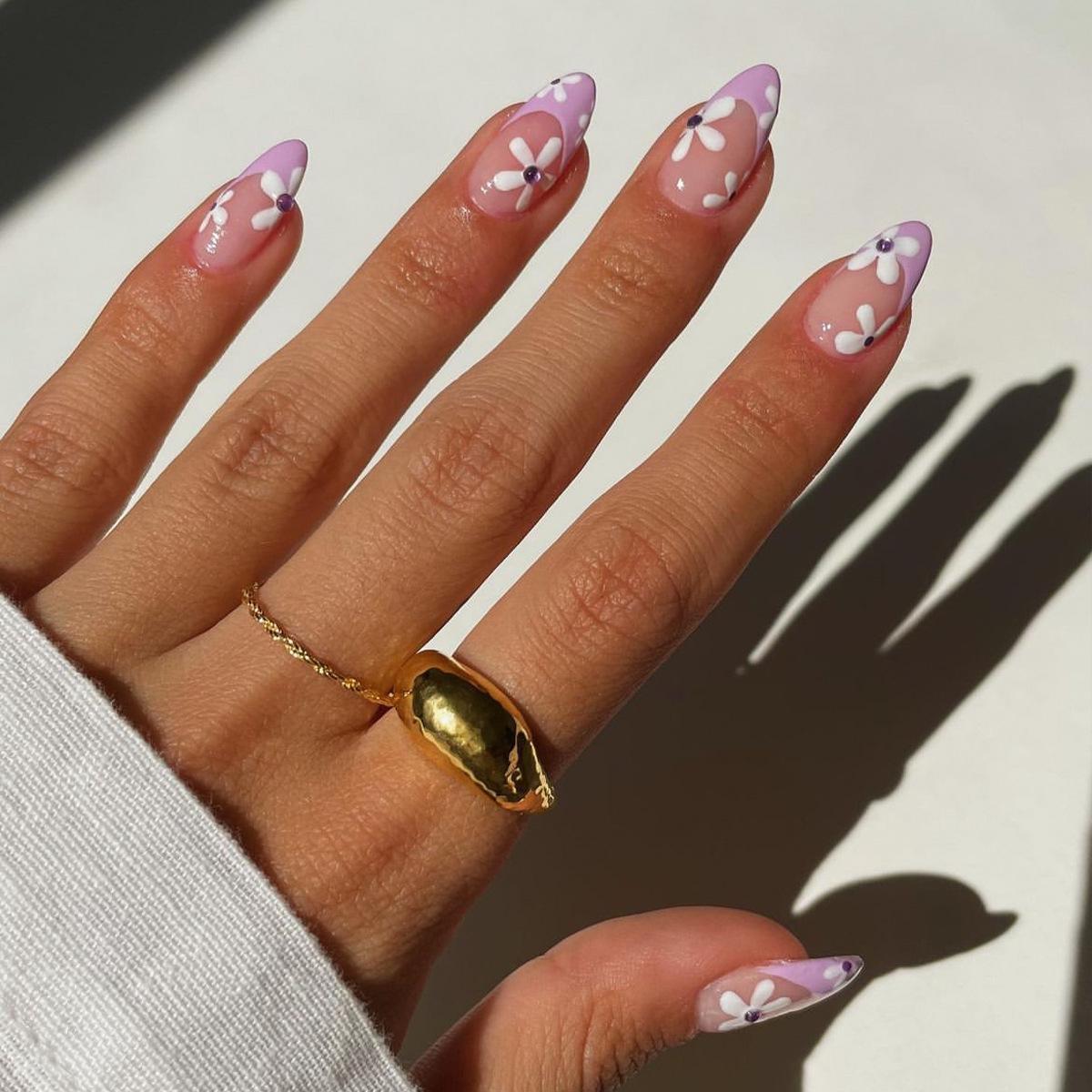 

Purple Flower French Tip Nail Art - Sweet Style Wearable False Nails