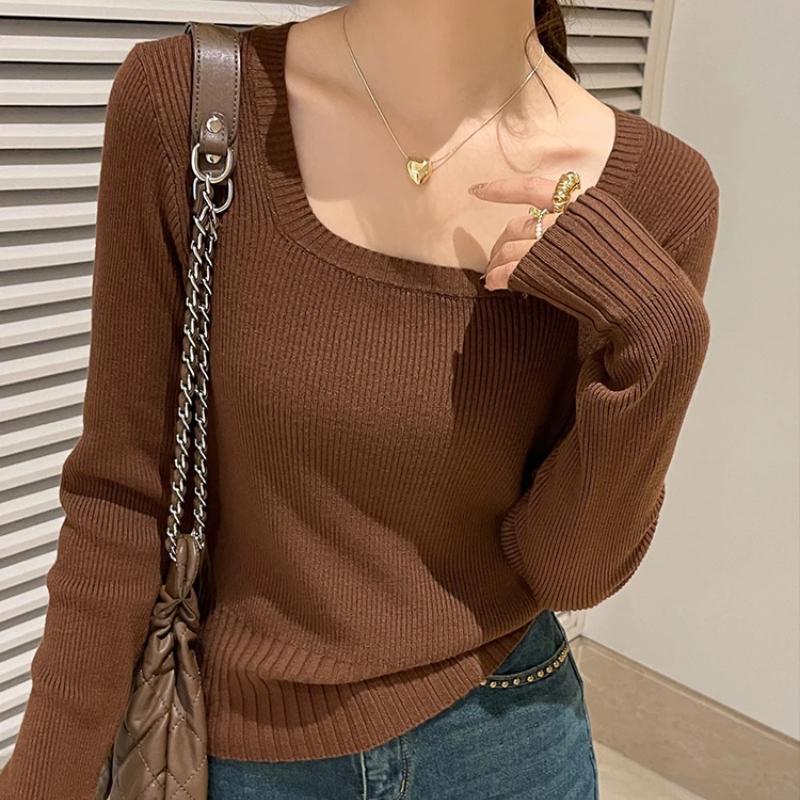 

Осенний вязаный свитер с квадратным воротником, женский облегающий свитер с длинным рукавом, женский повседневный однотонный женский трикотаж, топы, зимняя одежда 31034 One Size кофейный