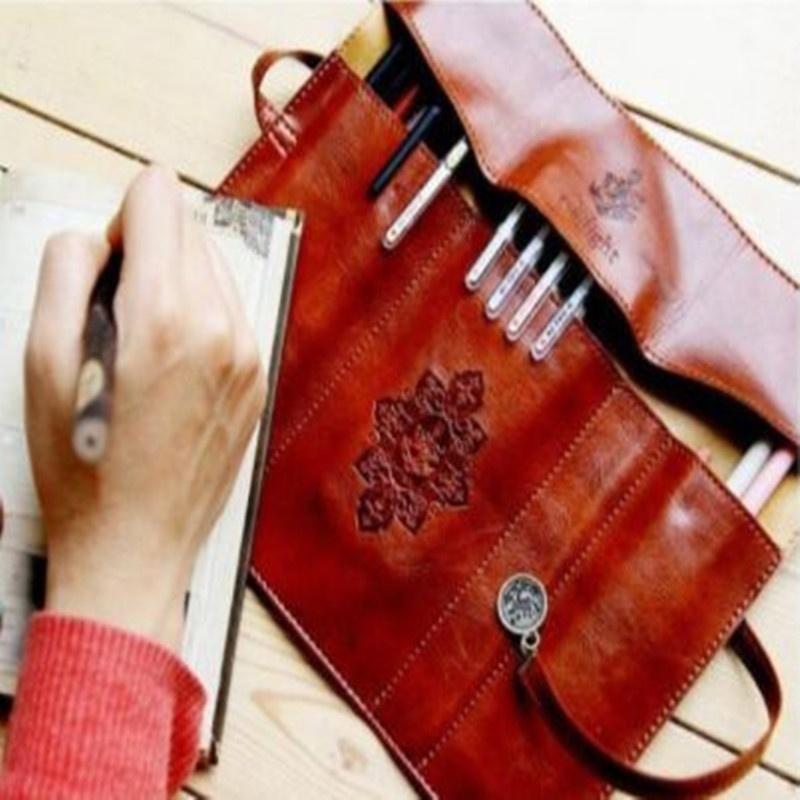 Retro Roll Leather Cosmetic Bag Pen Pencil Case Retro Wallet Storage Bag Purse Small Bag Purse Storage Bag