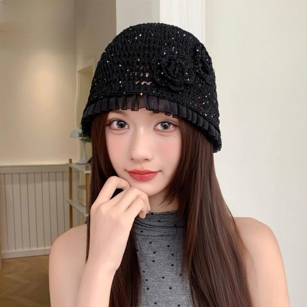 Hollow Out Lace Beanies Hat Glitter Sequin Knitted Hat Cute Crochet Flower Hat  Apparel Accessories