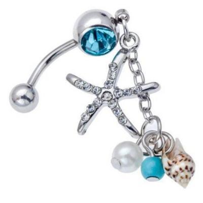 Baumelnder chirurgischer Stahl Kristall Seestern Muschel Körper Nabel Bauch Ring Knopf Piercing Bar