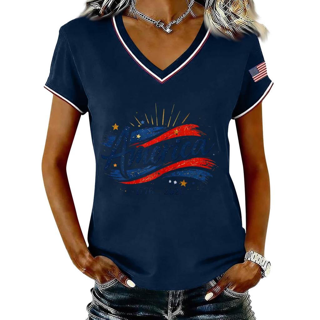 Damen Lässiger V-Ausschnitt Kurzarm Pullover Bedrucktes T-Shirt Top