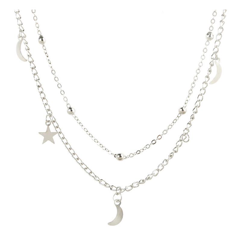 Simple Double-Layer Moon & Star Necklace with Round Beads