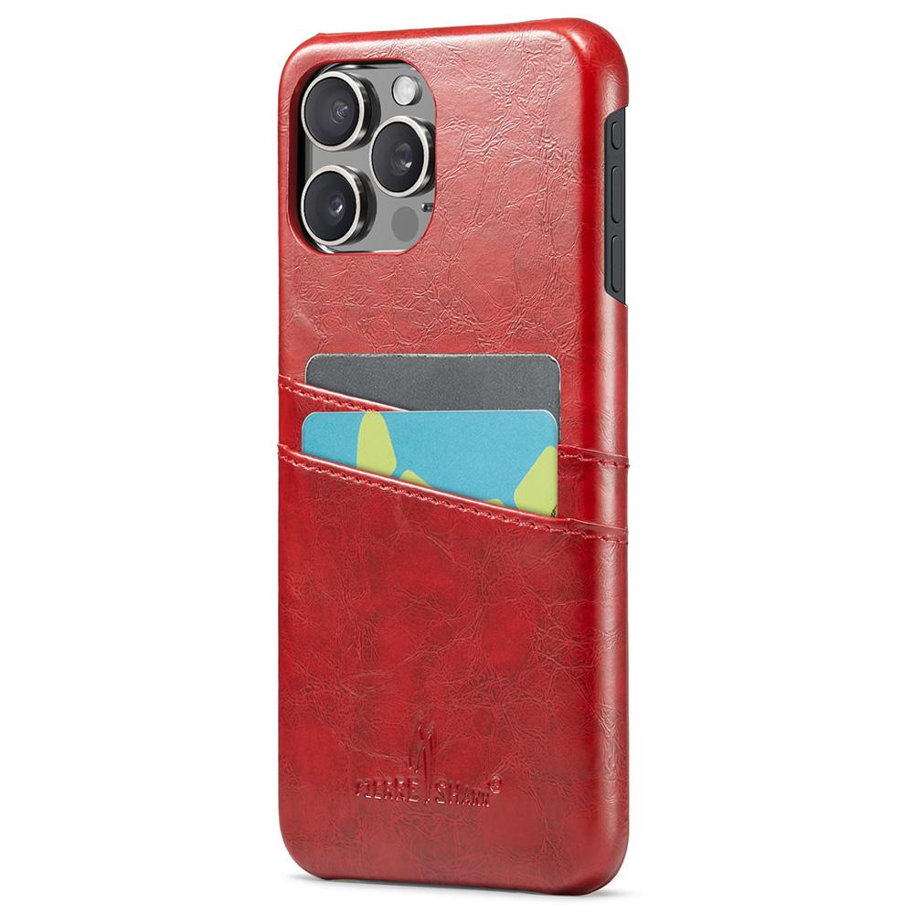

FIERRE SHANN For iPhone 16 Pro Case Waxy PU Leather+PC Card Holder Phone Cover Red
