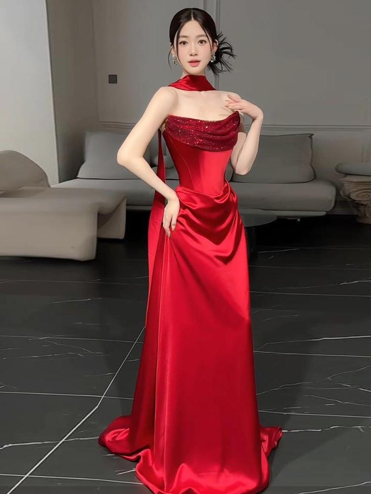 Red satin tube top flash diamond toast   new niche birthday party thank engagement bride evening dress