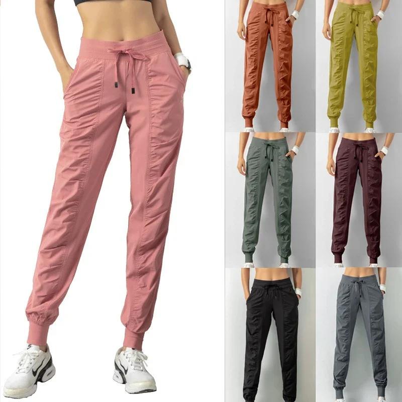 Sweatpants Fabric Drawstring Running Sport Joggers Women Quick Dry Athletic Gym Fitness with Two Side Pockets Exercise Pants
