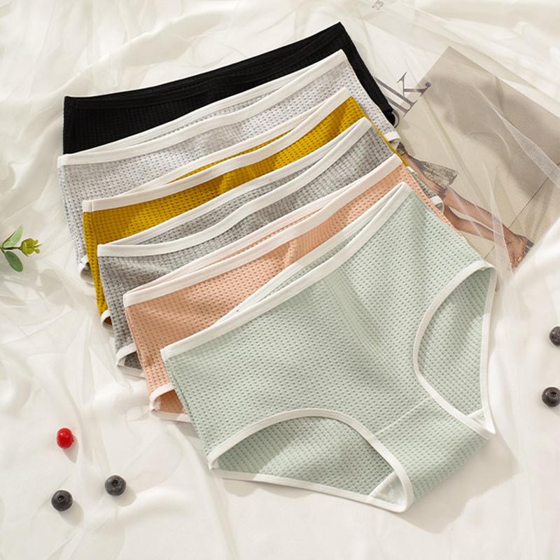 2Pcs/Set Women Cotton Waffle Grid Panties Fashion Solid Low Waist Briefs Female Korean Style Underwear Soft Breathable Lingerie