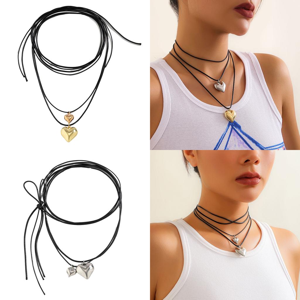 Novel Simple Gold and Silver Love Pendant All-matched Clavicle Chain Adjustable Black Draw Rope Cold Wind Necklace