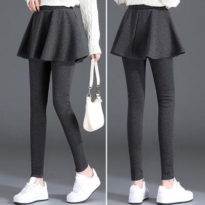Yousheng Women Winter Culottes Pants Solid Color High Waist Pleated Skirt Pants Fake Two Piece Leggings-Skirt Combo
