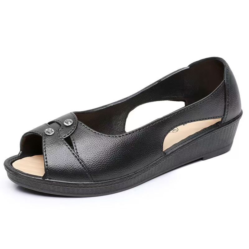 Dames Zomer Nieuwe Platte Zool Holle Open Neus Sandalen Zachte Zool Antislip Ondiepe Slip-On Lichtgewicht Middelbare Leeftijd Casual Sandalen