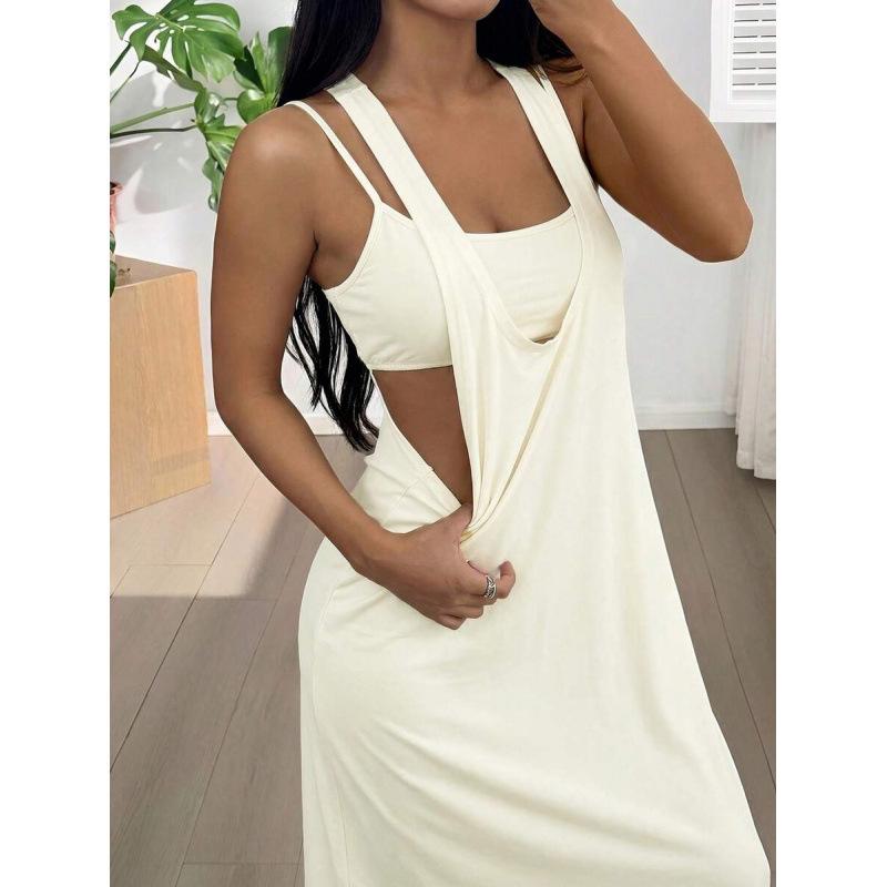 European summer French temperament elegant and simple sleeveless square neck slim slim dress women L