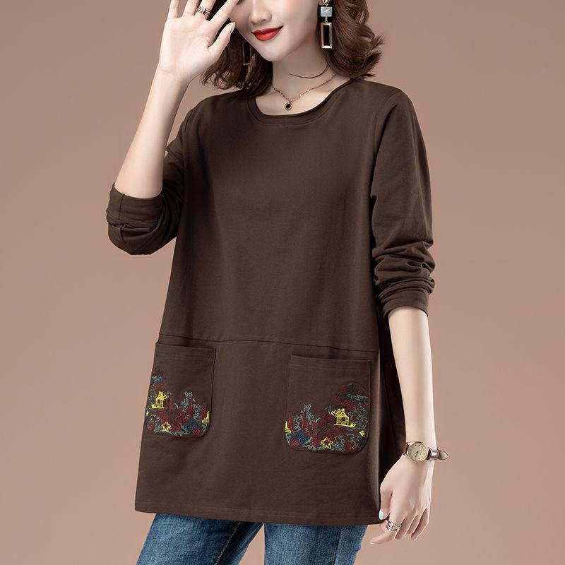 

Женская осенняя футболка с длинным рукавом, свободный топ с вышивкой для мамы XXXXXL кофейный