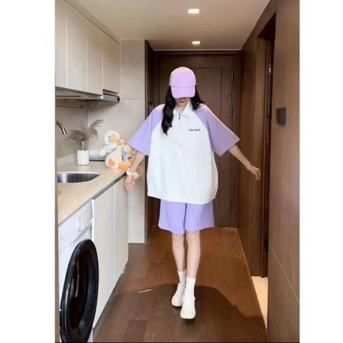 POLO collar loose sports suit female summer leisure student contrasting color age-reducing short-sleeved shorts two-piece trendy set