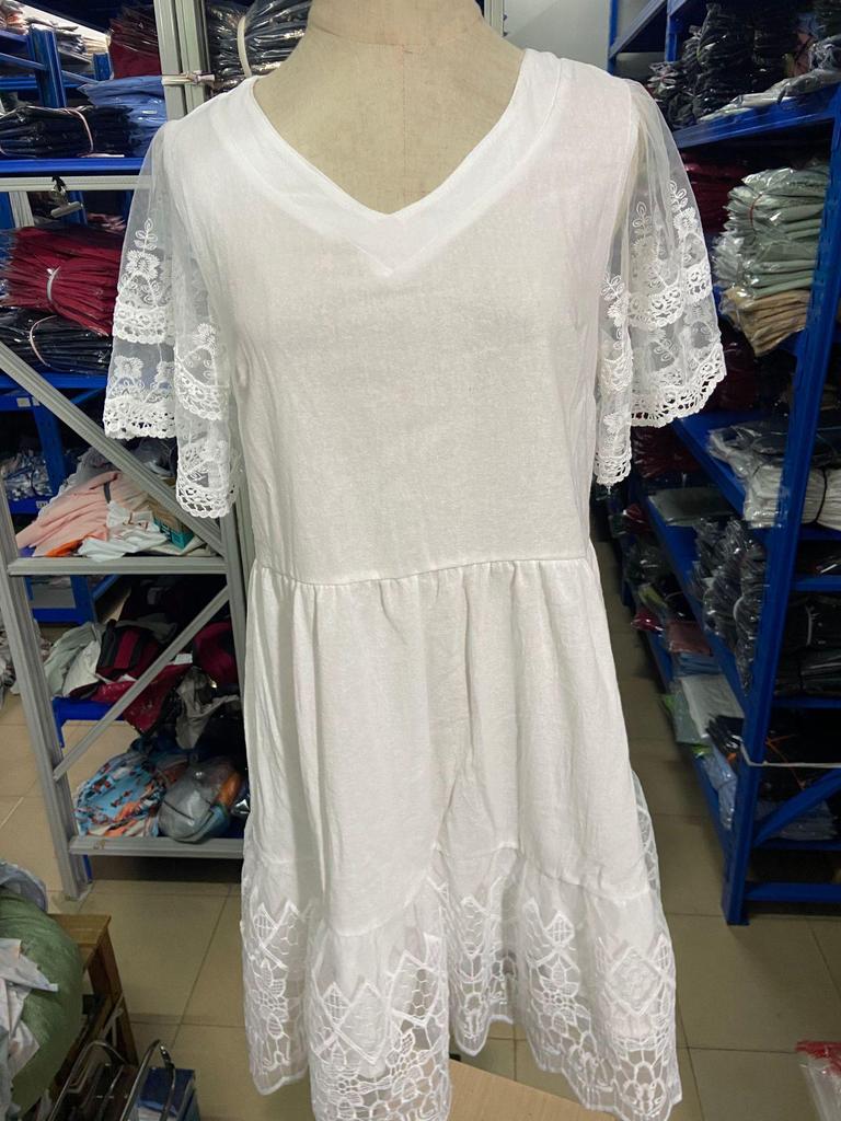 Women's Summer Midi Dress V-Neck Lace Short-Sleeve Dress Casual Lace Ruffle Tunic A-line Dress