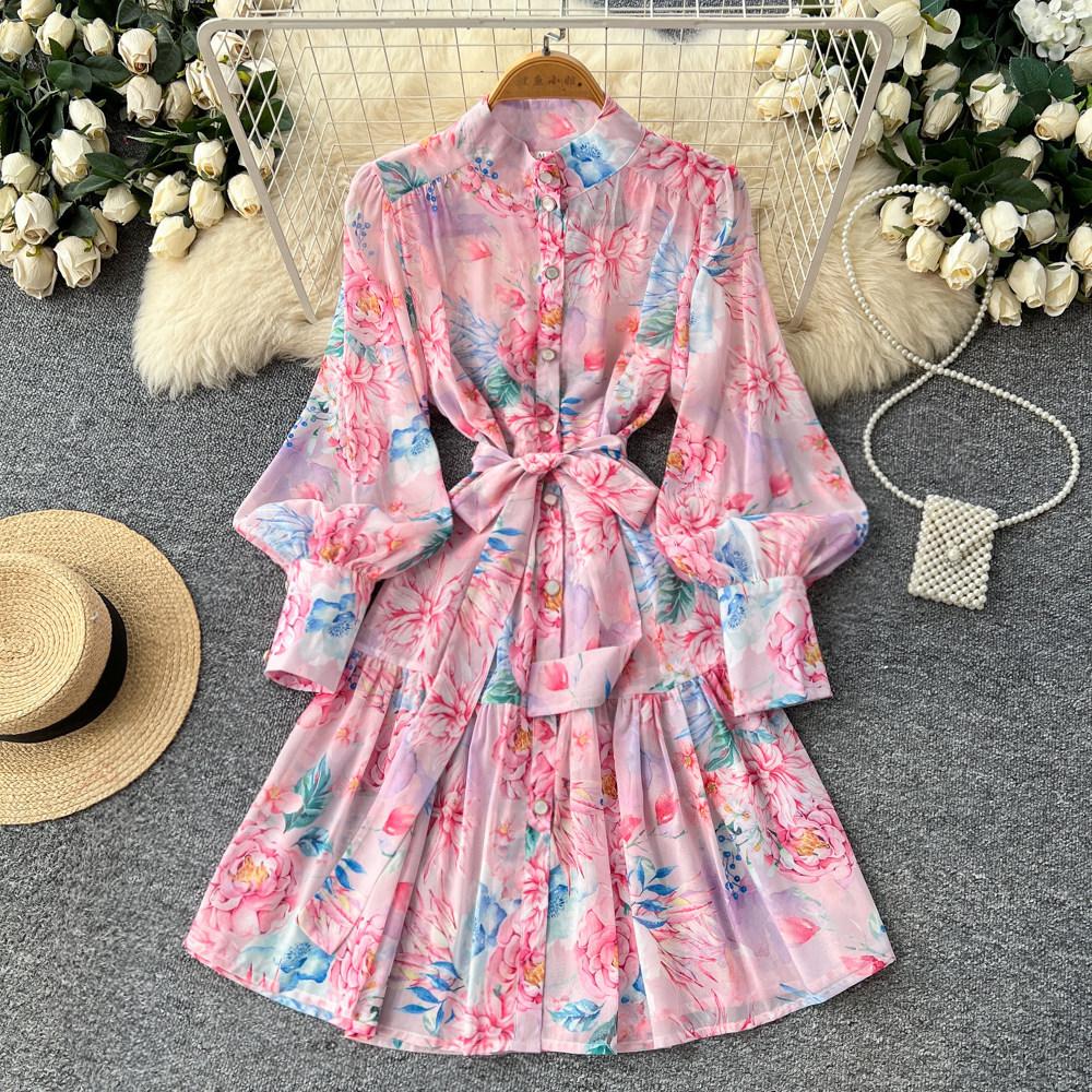 French style stand-up collar lantern sleeve printed dress women's summer waist thin ruffle A-shaped skirt