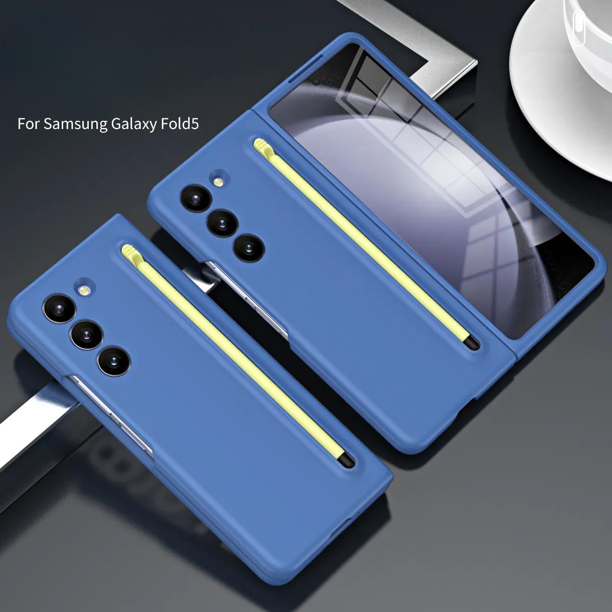 

Для Samsung Galaxy Z Fold 5 4 3 матовый приятный для кожи цветной чехол с закаленной пленкой и сенсорной ручкой, складной противоударный жесткий чехол Galaxy Z Fold 5 синий